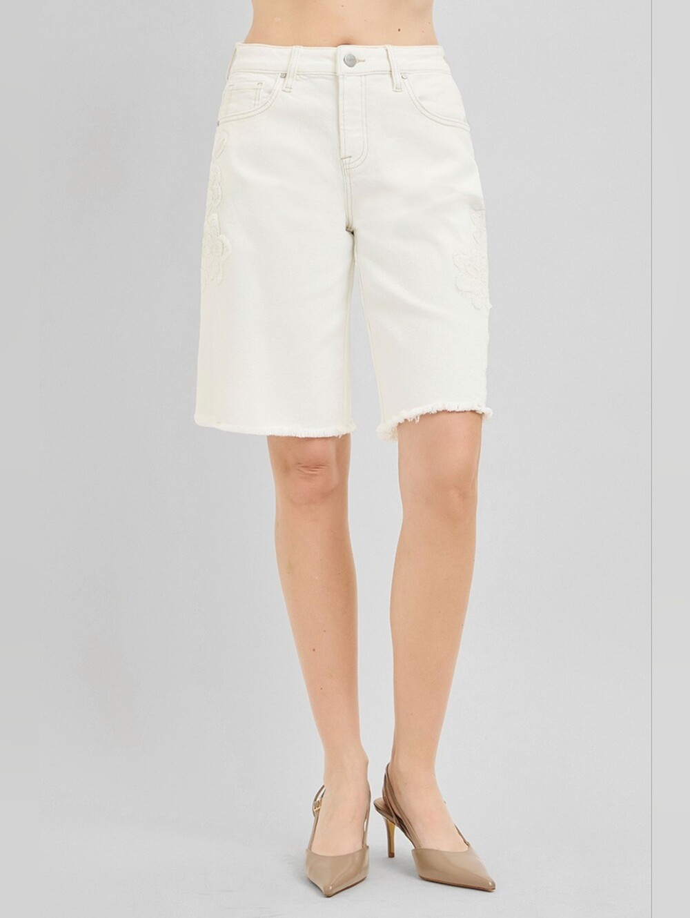 RISEN Slouchy Relaxed Floral Embroidered Bermuda Denim Shorts